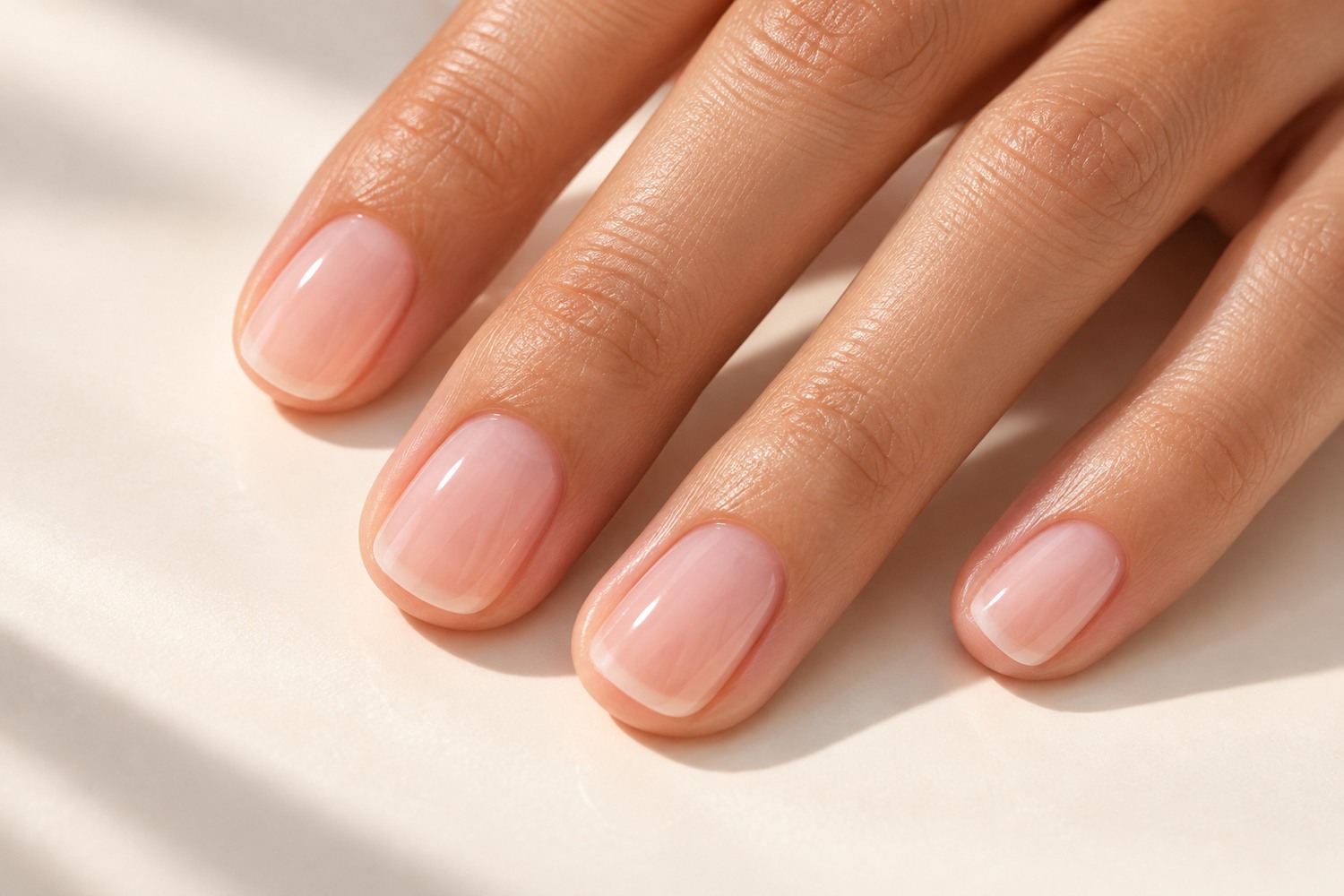 Ongles naturels courts avec une finition rose translucide et brillante