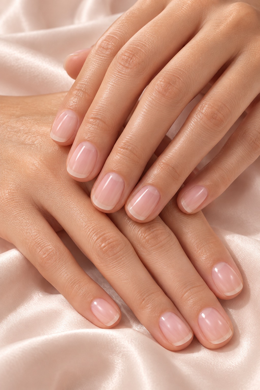 Manucure rose naturelle sur un tissu satiné