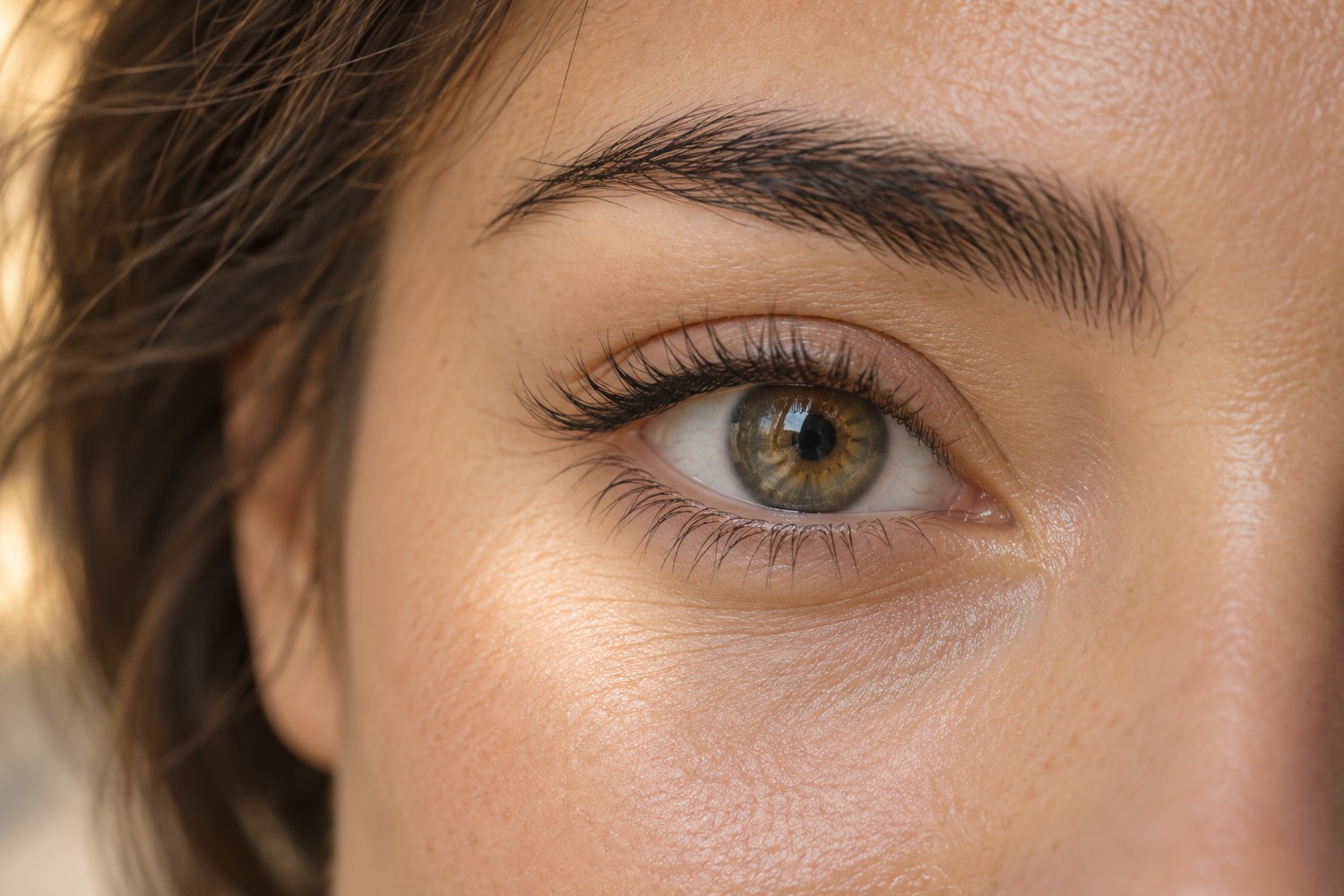 Gros plan d’un regard noisette avec des cils naturellement courbés