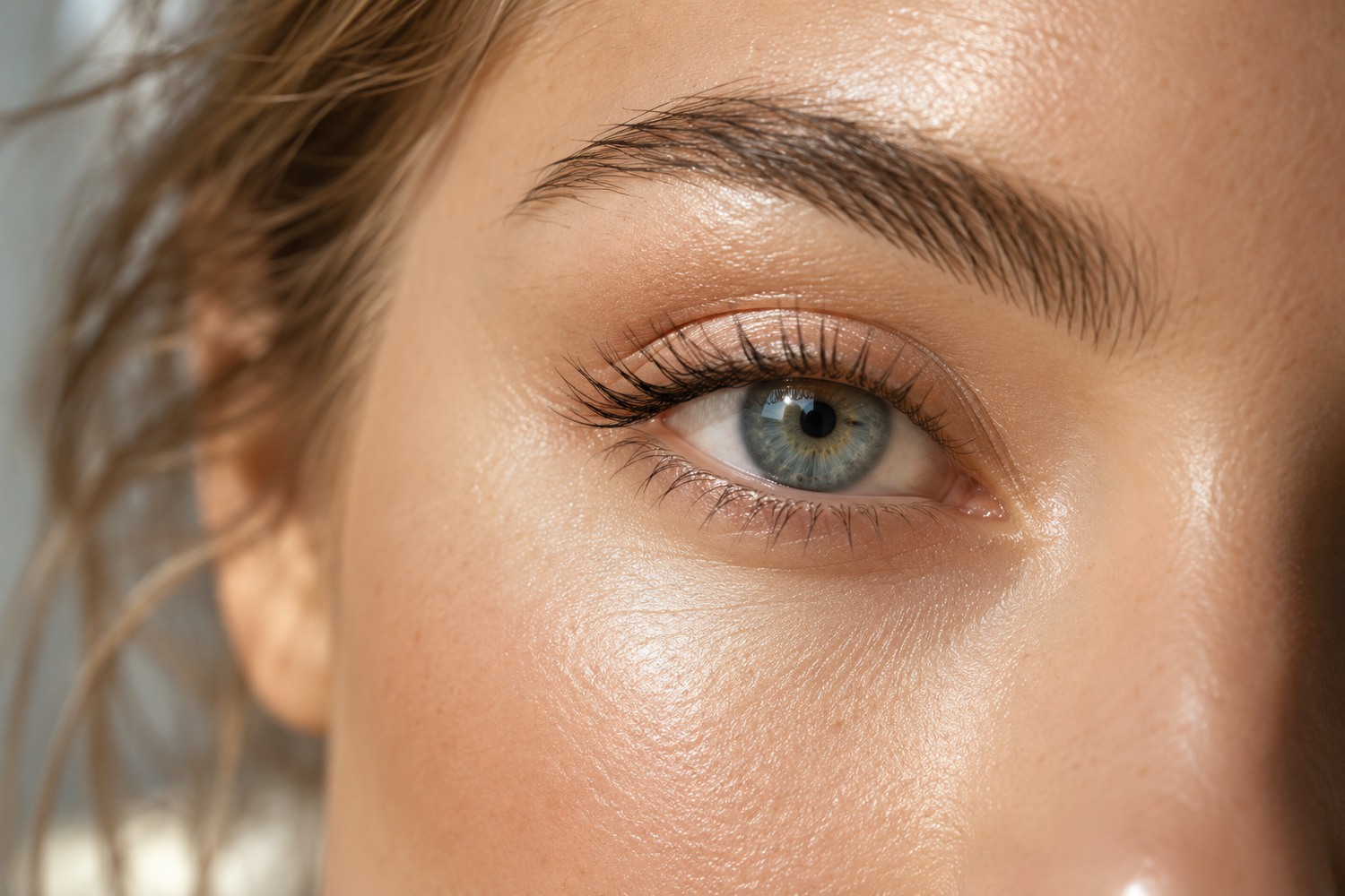 Regard clair mis en valeur par des cils définis et des sourcils soignés